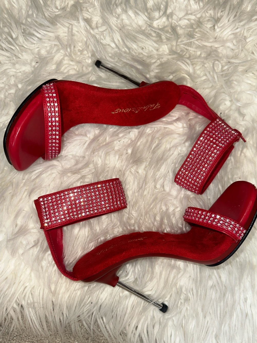 Red Rhinestone Open-Toe Stiletto Heels with Ankle Strap